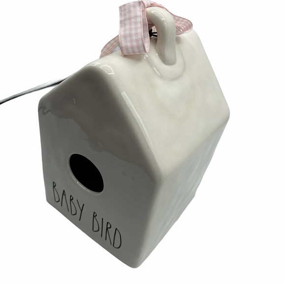 Rae Dunn Baby Bird Ceramic Birdhouse Pink Checkered Ribbon - Picture 6 of 8
